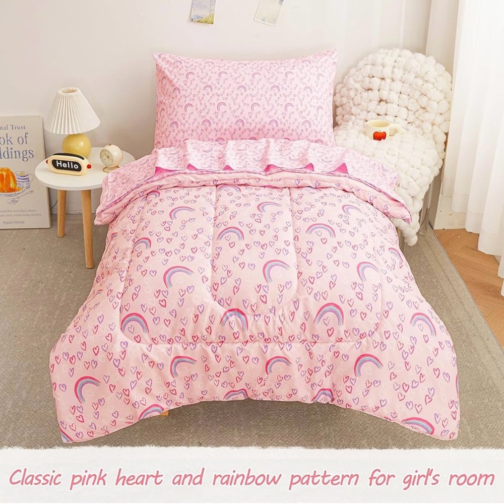 Pink Comforter with Heart and Rainbow Design